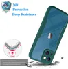 A green and clear iPhone case is shown at an angle, with marketing text and diagrams around it. Produktbild-Vorschau