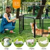 A woman is playing with a dog near a metal pet fence. The image also shows smaller circular images of a dog, rabbit, piglet, and duck. Produktbild-Vorschau