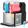 A commercial slushy machine with two tanks filled with blue and red slushy drinks, placed on a white background with two cocktail glasses in the foreground. Náhled obrázku produktu