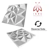 Two views of a white 3D wall panel with a geometric pattern, along with a logo and text indicating 'Reverse Side'. Produktbild-Vorschau