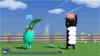 Two cartoon characters, one a teal bird-like creature and the other a black sheep, are in a grassy field with a wooden fence behind them. The bird-like creature is holding a green leaf above its head, and the sheep is holding its arms up with fluffy white  Produktbild-Vorschau