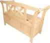 A light brown wooden park bench with a storage compartment and a decorative backrest, shown against a white background. Produktbild-Vorschau
