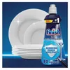 A bottle of Finish dishwasher rinse aid is shown next to a stack of clean white plates. Podgląd zdjęcia produktu