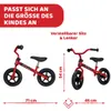 Two red balance bikes are shown with measurements and descriptive text in German. Produktbild-Vorschau