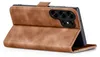 A brown leather flip case for a smartphone is shown open, revealing the phone's camera array. Produktbild-Vorschau