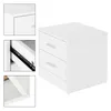A white bedside table with two drawers and aluminum handles is shown against a white background. Insets show close-ups of the drawer detail, the drawer slide mechanism, and the corner construction. Náhled obrázku produktu