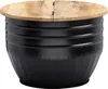 A round coffee table with a black metal barrel base and a wooden top. Voir les images du produit