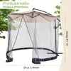 A mosquito net draped over a large patio umbrella, set against a backdrop of green leaves and a light beige border. Produktbild-Vorschau