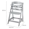 A grey wooden high chair with dimensions indicated by dashed lines and text. Anteprima dell’immagine prodotto