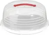 A clear plastic cake carrier with a red handle. Voir les images du produit