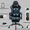 A black gaming chair with various features highlighted by callout lines and text. Produktbild-Vorschau
