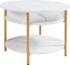 A round, two-tiered coffee table with a marble-like white top and gold metal legs, shown against a white background. Produktbild-Vorschau