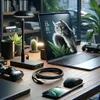 A desk setup with a laptop, lamp, gaming controllers, mouse, and phone. Produktbild-Vorschau