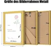 Three gold picture frames are shown from the side. The front frame displays a picture with a rose drawing and some text. The other two frames show the back of the frames with hanging mechanisms. Dimensions are indicated with text and lines. Produktbild-Vorschau