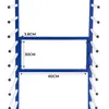 A close-up view of a blue metal drying rack with white rods, showing dimensions. Voir les images du produit