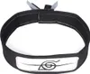 A close-up of a black headband with a white rectangular plate featuring a black leaf-like symbol, commonly associated with anime characters. Produktbild-Vorschau