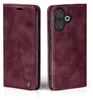 A burgundy flip cover phone case is shown from two angles, one closed and one open to reveal the phone inside. Produktbild-Vorschau