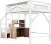A white metal loft bed with integrated stairs, cabinets, and storage compartments, featuring wood-effect accents. Produktbild-Vorschau