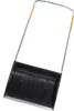 A snow shovel with a black plastic scoop and silver metal handle with brown grips. Produktbild-Vorschau