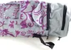 Close-up view of a gray fabric bag with a purple floral pattern. Produktbild-Vorschau