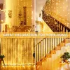Collage of images showing warm white LED string lights used for home decoration, including on a wall, staircase, and window. Produktbild-Vorschau