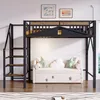 A loft bed with a sofa underneath, set against a white wall with two framed pictures above. Náhled obrázku produktu