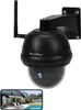 A black SecuFirst PTZ outdoor surveillance camera is mounted on a wall bracket. A smartphone displaying a live feed of a house with a pool is shown below the camera. Anteprima dell’immagine prodotto