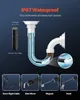 Illustration of an endoscope probe being used in a drain pipe, with various attachments shown below. Produktbild-Vorschau