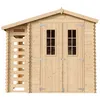 A front view of a wooden garden shed with double doors and windows. Produktbild-Vorschau