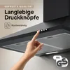 A close-up of a black range hood with a hand pressing buttons and promotional text overlayed. Produktbild-Vorschau