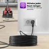 A vacuum cleaner cord plugged into a wall socket, with a coiled cord in the foreground and text overlay describing features. Produktbild-Vorschau