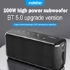 A black portable speaker with text overlays highlighting its features. Produktbild-Vorschau