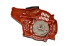 An orange plastic starter housing for a chainsaw, with measurement lines and dimensions overlaid. Produktbild-Vorschau