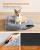 A dog is sitting on a plush dog bed, with close-up shots of the bed's features. Produktbild-Vorschau