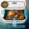 A close-up marketing image of an air fryer with a roasted chicken and fries inside, featuring promotional text and icons. Produktbild-Vorschau