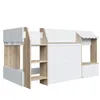 A white and wood-colored children's bunk bed with a house-like design, shown from a side angle against a white background. Voir les images du produit