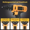 A close-up marketing image of a cordless drill, showing its features and operation. Produktbild-Vorschau