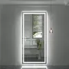 A large LED bathroom mirror with a light frame is shown in a modern bathroom setting. Produktbild-Vorschau