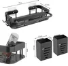 A collage of images showing bathroom/kitchen organizers with dimensions. Produktbild-Vorschau