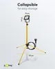 A yellow tripod floodlight with dimensions indicated by text overlays. Voir les images du produit