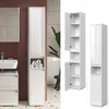 A collage of images showing a tall, narrow white bathroom cabinet with multiple shelves and doors, presented in different angles and configurations. Produktbild-Vorschau