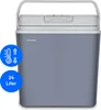 A gray electric cooler box with a white lid and handle, shown from the front on a white background. There are two blue circular overlays on the left side of the cooler box. Produktbild-Vorschau