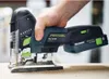 A hand holding a cordless jigsaw cutting into a piece of wood. Produktbild-Vorschau
