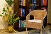 A rattan chair with a cushion sits next to a bookshelf filled with books and a plant stand with three potted plants. Podgląd zdjęcia produktu
