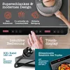 A close-up marketing image of a double induction cooktop, highlighting its features and design. Produktbild-Vorschau