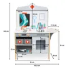 A wooden toy doctor's office playset with various accessories and dimensions indicated by measurement lines and text. Anteprima dell’immagine prodotto