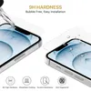 Close-up of two smartphone screen protectors being applied to iPhones, with feature icons and text below. Produktbild-Vorschau