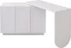 A white L-shaped desk with three cabinet doors on the left and a cantilevered section on the right, shown against a white background. Produktbild-Vorschau