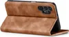 A brown leather flip case for a smartphone is shown from a side angle, with the phone inside and the cover open. Produktbild-Vorschau