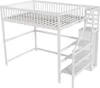 A white loft bed with stairs against a white background. Voir les images du produit